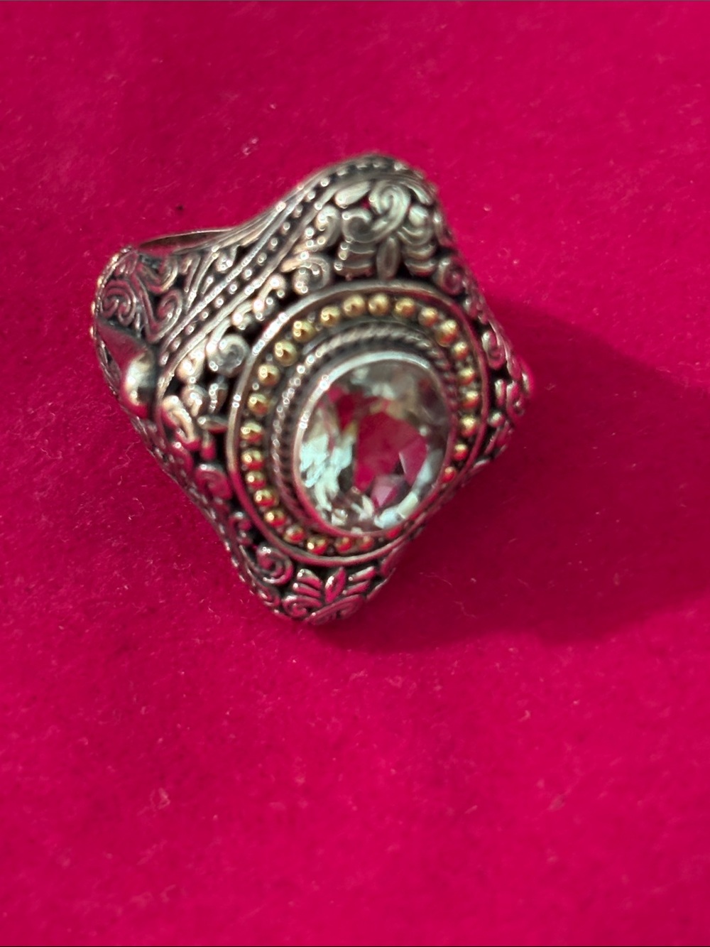 Phillip Gavriel Vintage-Style Silver Filigree Ring with green Gemstone